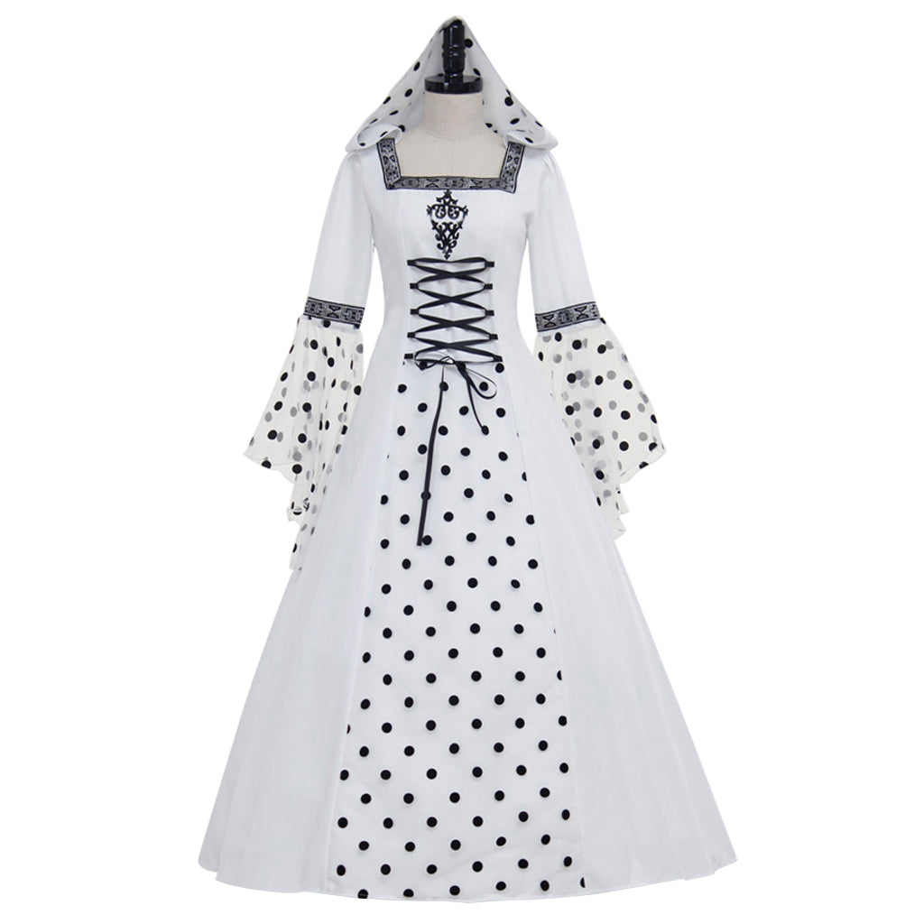 Gothic Steampunk Hooded Polka Dot White Dress - Medieval Victorian Renaissance Costume-Astricos