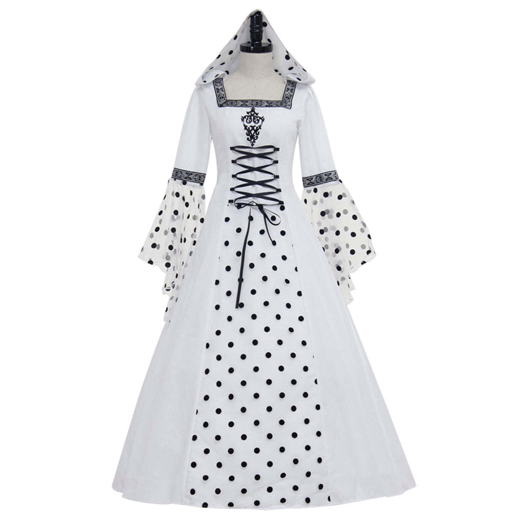 Gothic Steampunk Hooded Polka Dot White Dress - Medieval Victorian Renaissance Costume-Astricos