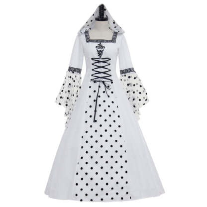 Gothic Steampunk Hooded Polka Dot White Dress - Medieval Victorian Renaissance Costume-Astricos