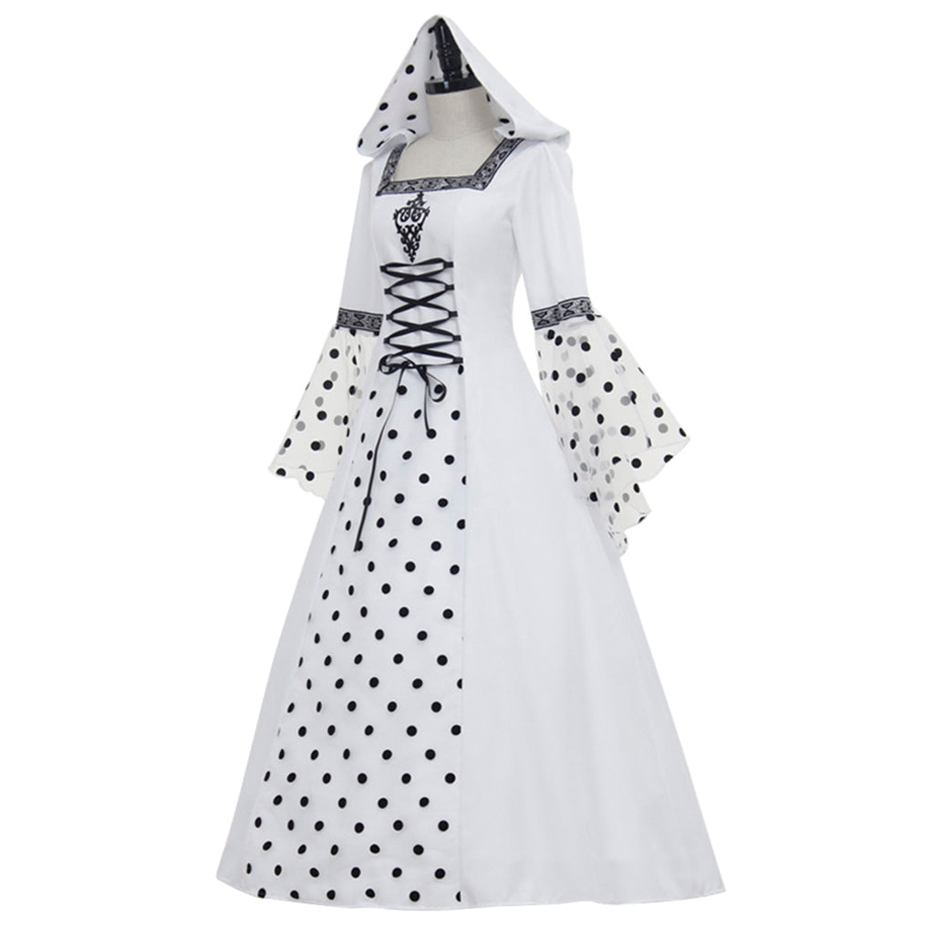 Gothic Steampunk Hooded Polka Dot White Dress - Medieval Victorian Renaissance Costume-Astricos