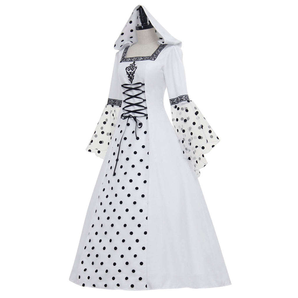 Gothic Steampunk Hooded Polka Dot White Dress - Medieval Victorian Renaissance Costume-Astricos