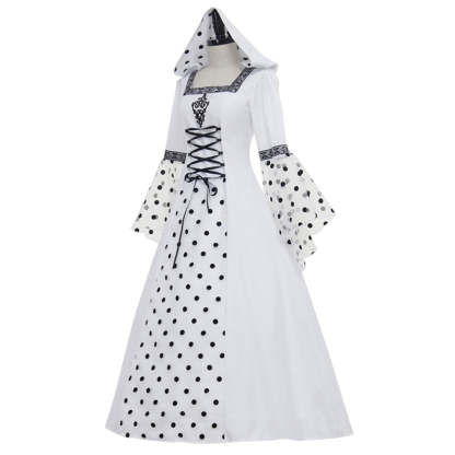 Gothic Steampunk Hooded Polka Dot White Dress - Medieval Victorian Renaissance Costume-Astricos