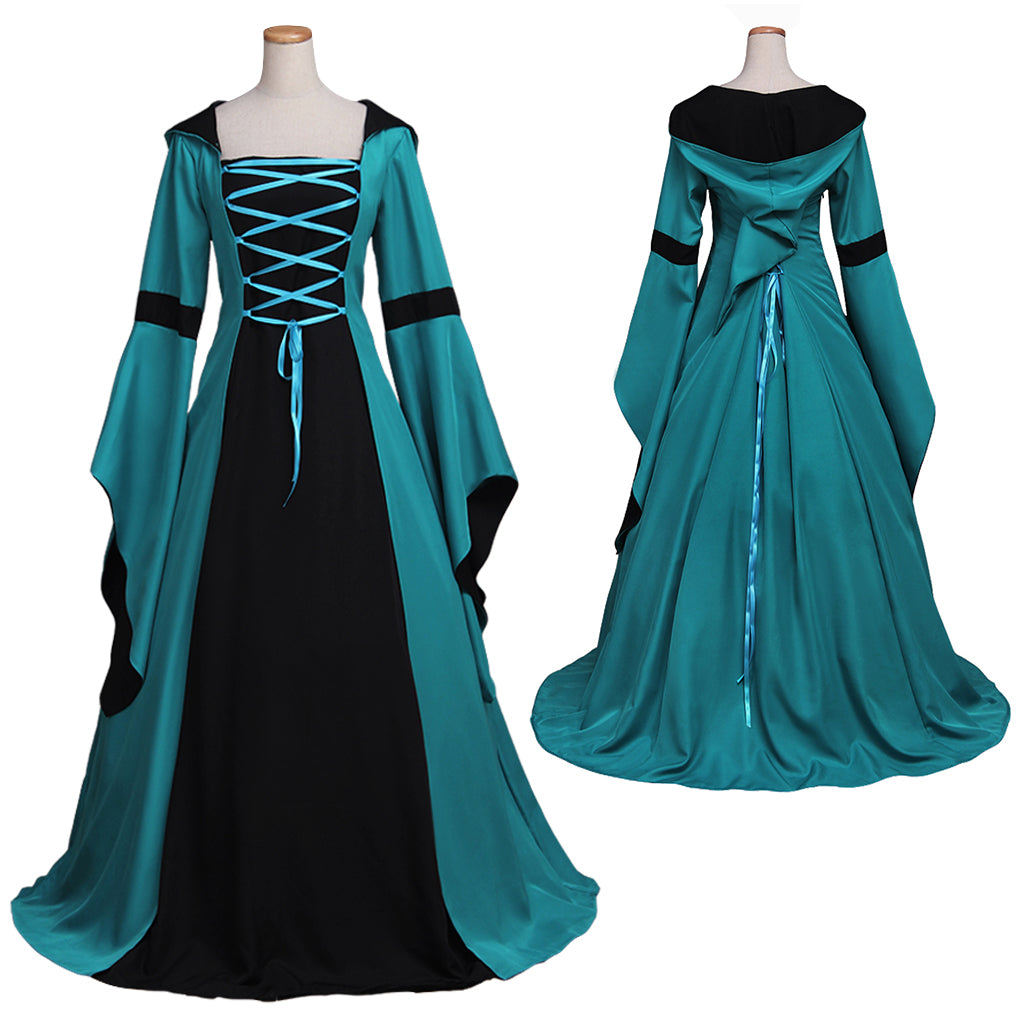 Elegant Women's Vintage Medieval Costume - Renaissance Victorian Square Neck Flare Sleeve Lace Patchwork Hooded Gown-Astricos