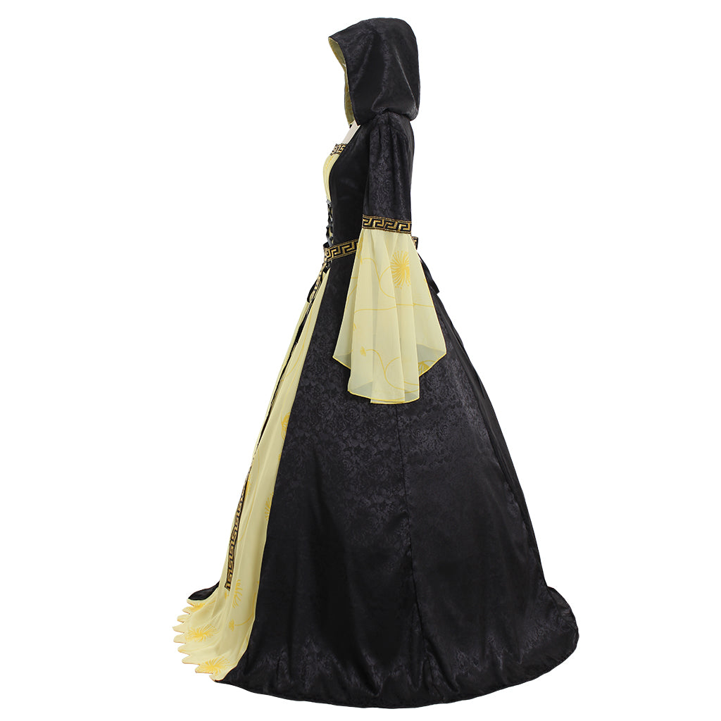 Yellow Black Hooded Medieval Dress with Belt - Women's Vintage Cosplay Costume-Astricos
