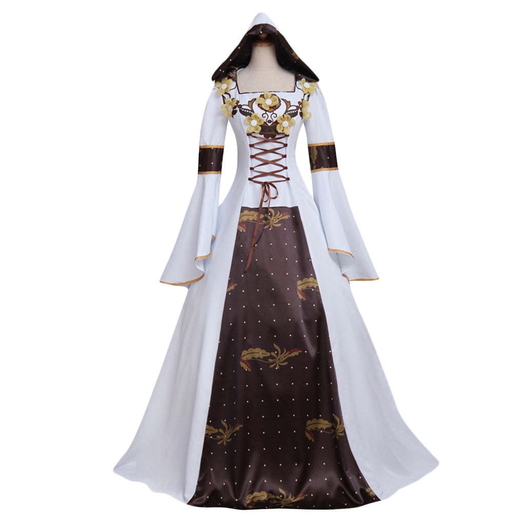 Medieval Victorian Renaissance Gothic Hooded Wedding Dress with Flora Flower Laceup-Astricos