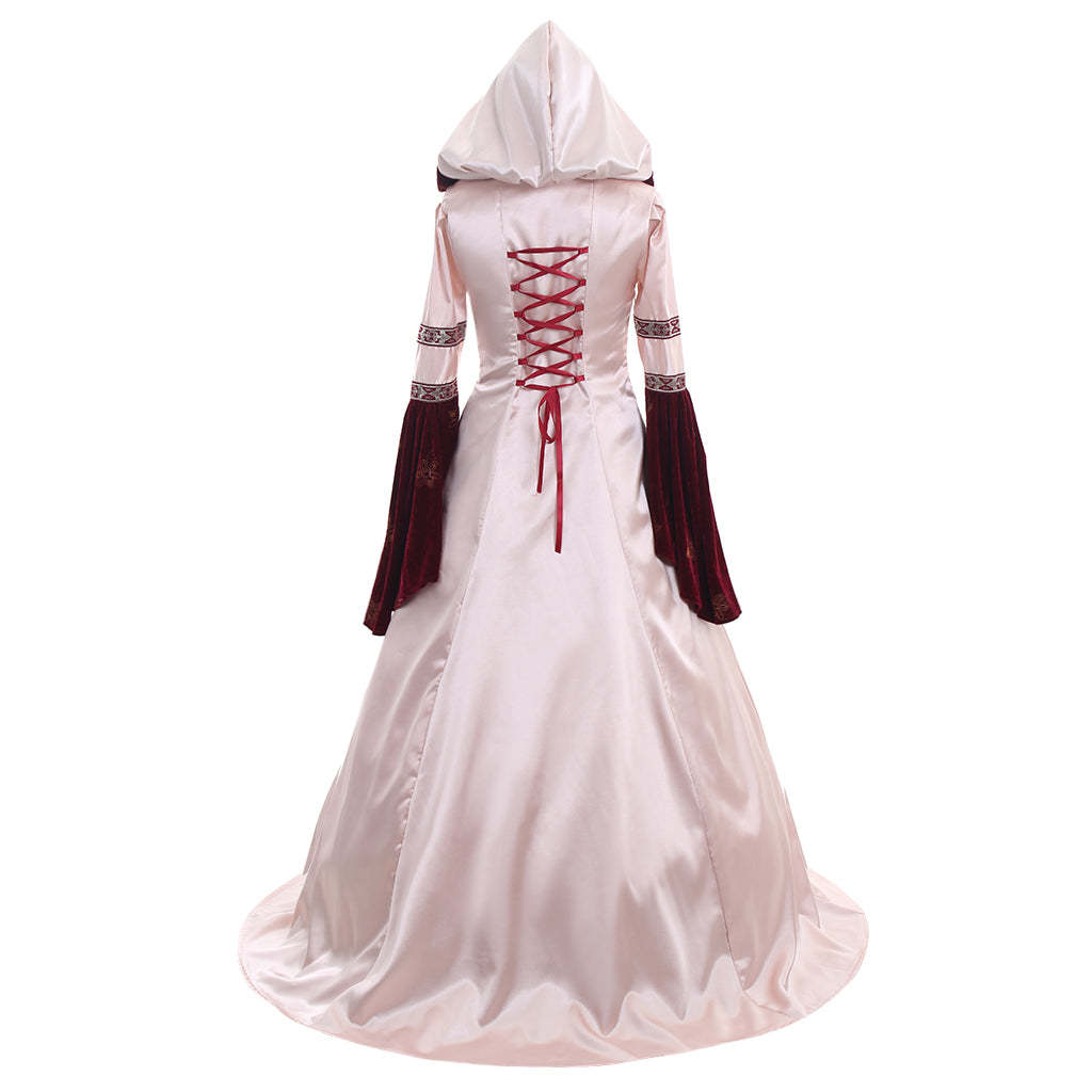 Pink Medieval Ball Gown Cosplay Dress - Long Sleeves Satin/Velvet Hooded Custom Maid Outfit-Astricos
