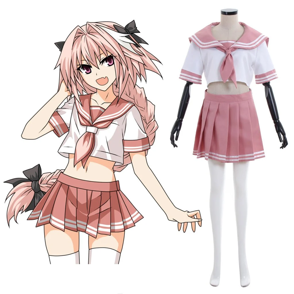 Fate Grand Order Astolfo Cosplay Costume, Sailor Uniform, Custom Size for Anime Con & Halloweenrder, cropped sailor top and pink pleated skirt full set.