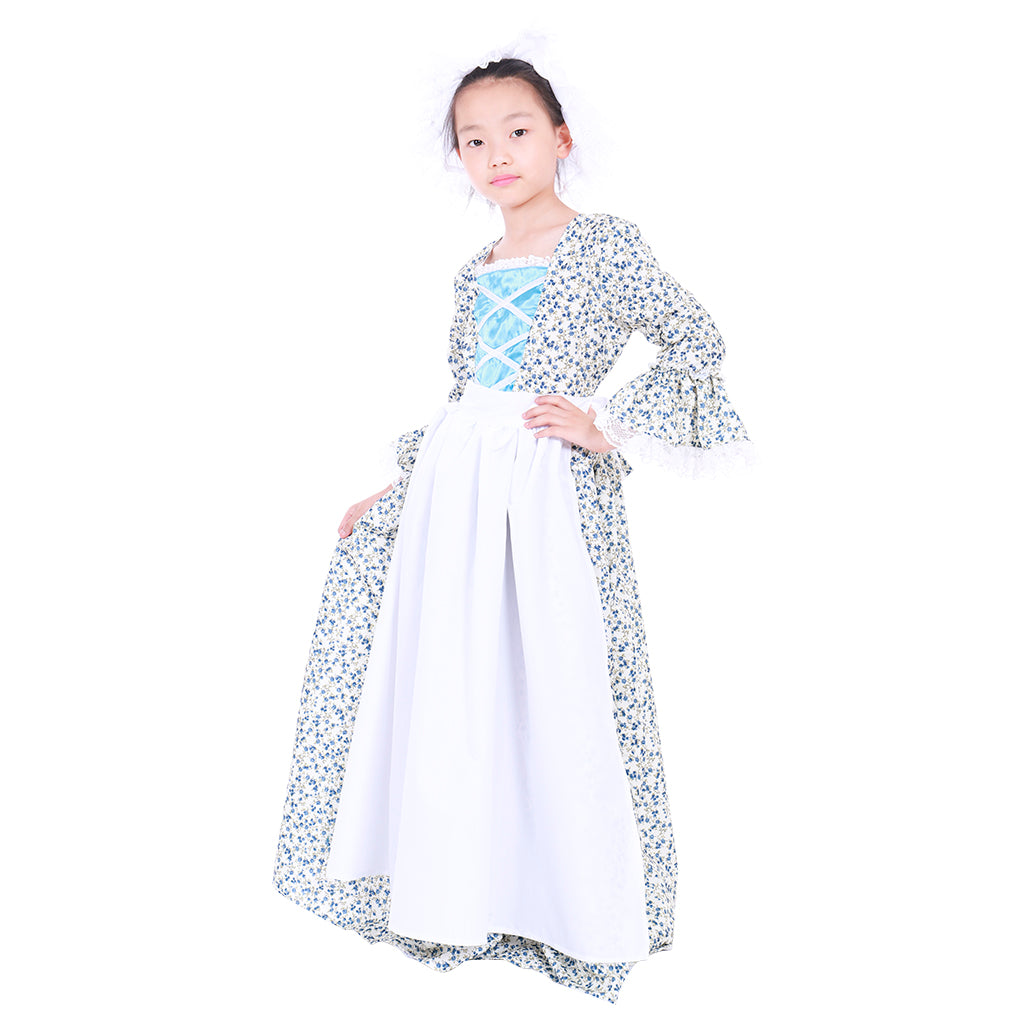 Vintage Countryside Floral Pilgrim Pioneer Bonnet Set - Colonial Cosplay Dress for Girls-Astricos