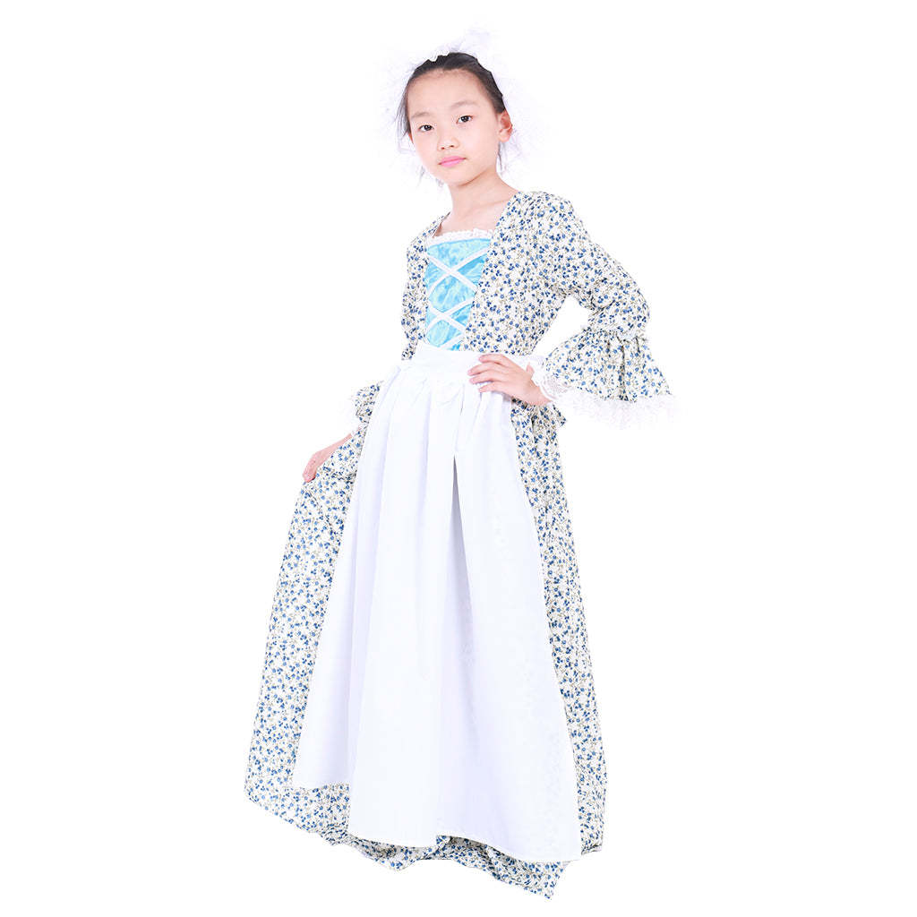 Vintage Countryside Floral Pilgrim Pioneer Bonnet Set - Colonial Cosplay Dress for Girls-Astricos