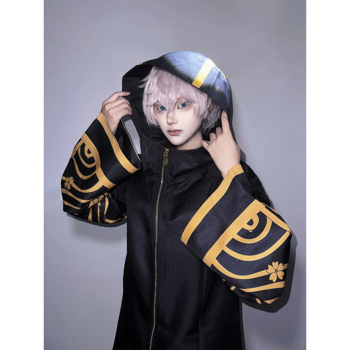 Tokyo Anime Brahman Senju Kawaragi Cosplay Costume - Golden Black Jacket Coat with Sakura Print-Astricos