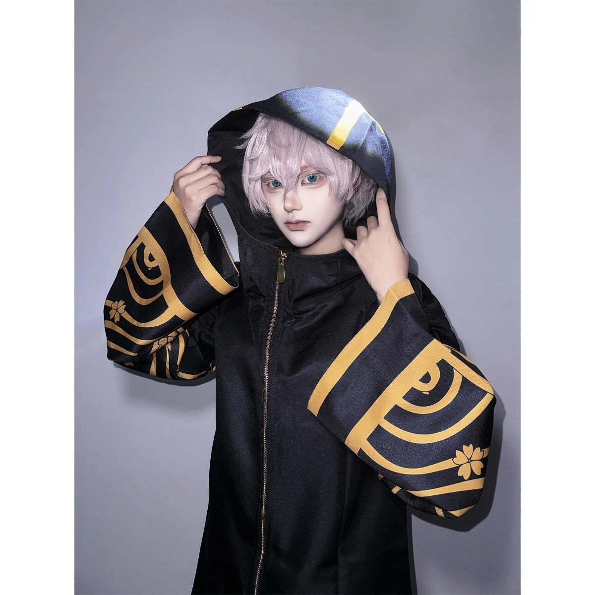 Tokyo Anime Brahman Senju Kawaragi Cosplay Costume - Golden Black Jacket Coat with Sakura Print-Astricos