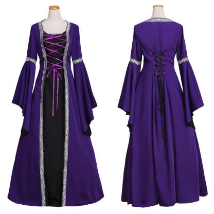 Gothic Victorian Purple Cosplay Dress with Long Trumpet Sleeves - Elegant Medieval Ball Gown-Astricos