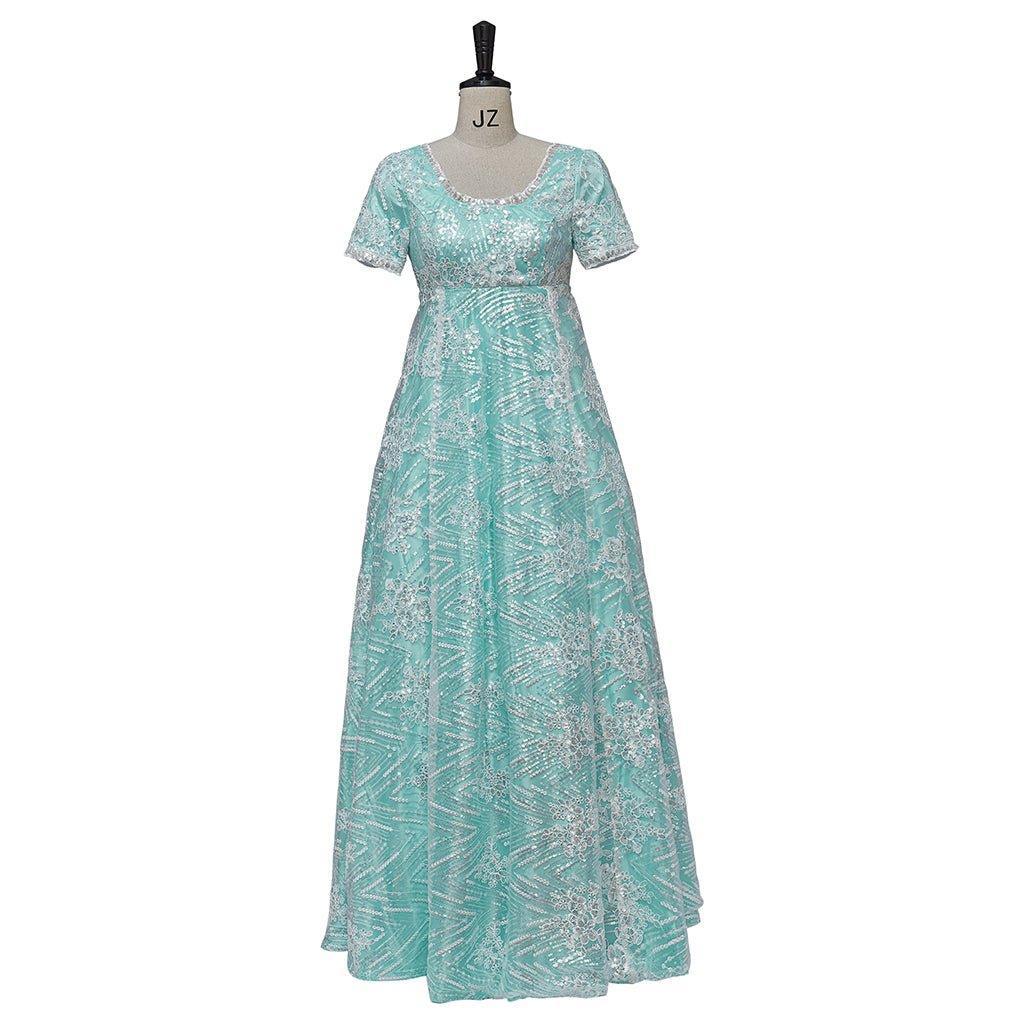 Blue Sparkling Silk Empire Gown | Regency Style Kate Sharma Cosplay Costume-Astricos