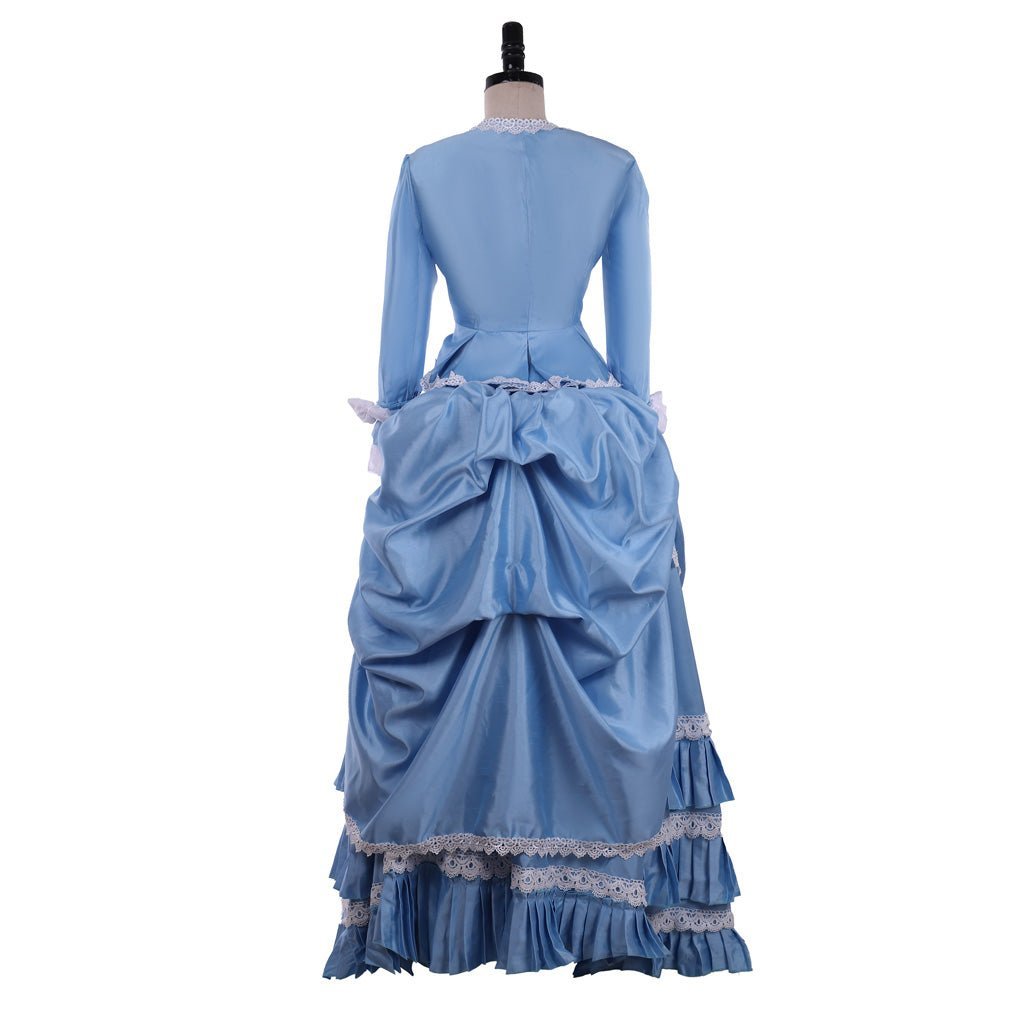 Blue Victorian Bustle Dress with Lace Details | Cosplay & 19th Century Fashion-Astricos