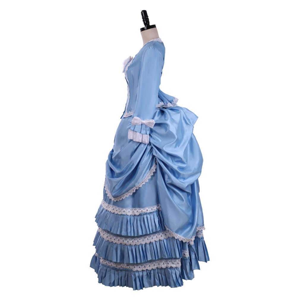 Blue Victorian Bustle Dress with Lace Details | Cosplay & 19th Century Fashion-Astricos