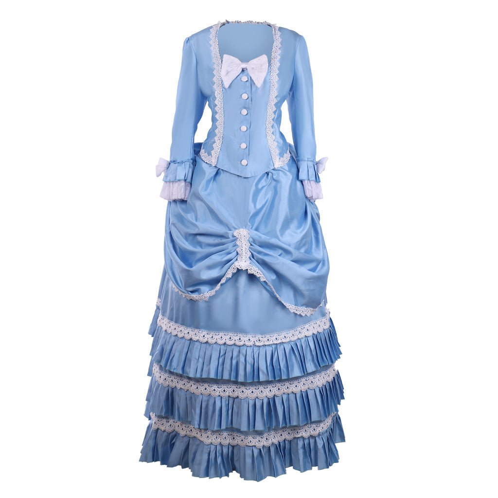 Blue Victorian Bustle Dress with Lace Details | Cosplay & 19th Century Fashion-Astricos