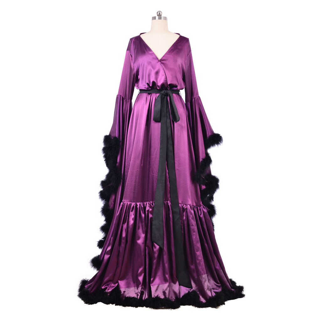Medieval Ladies Robe Pajamas - Vintage Wedding Long Bridal Boudoir Robe in Purple Luxury Evening Dress-Astricos