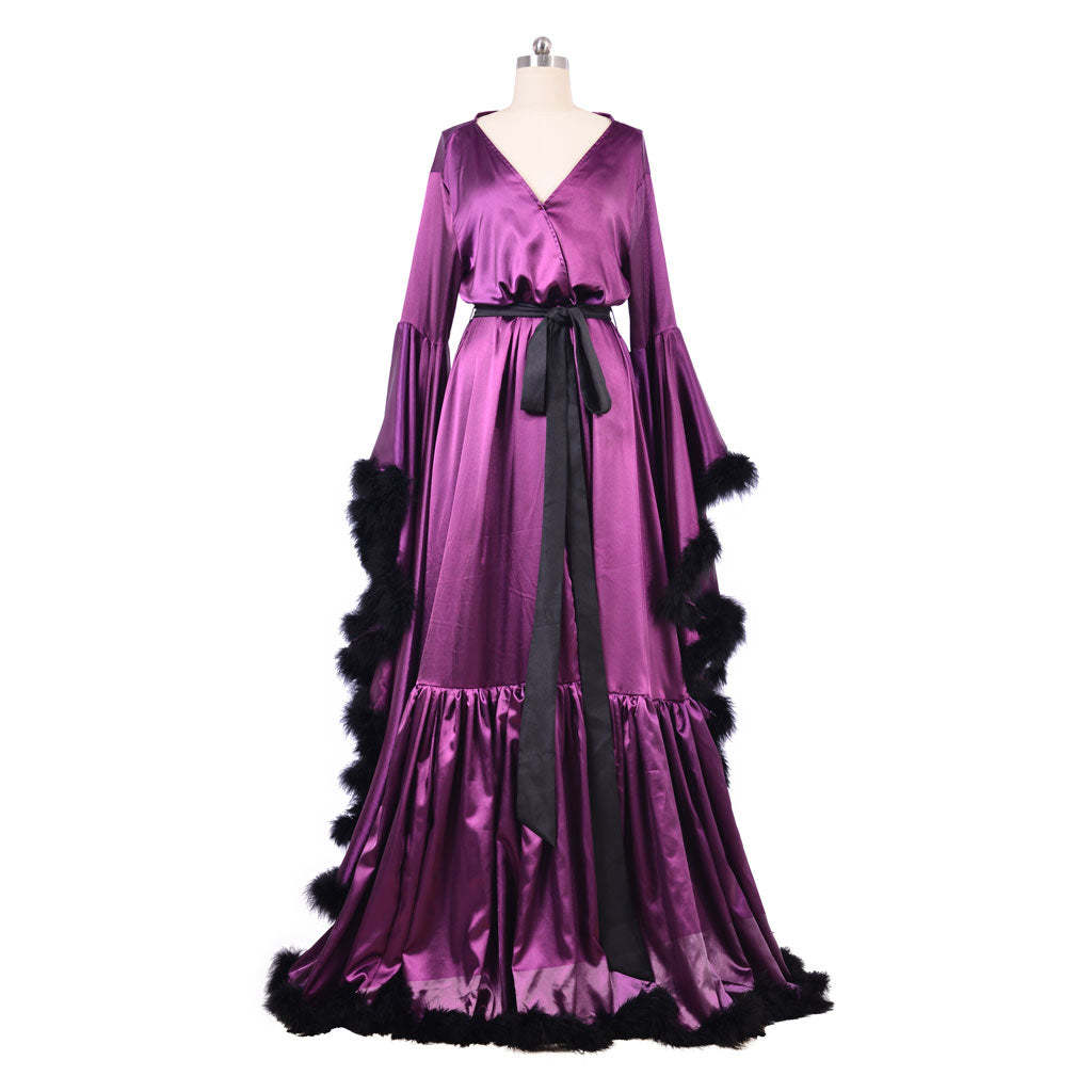 Medieval Ladies Robe Pajamas - Vintage Wedding Long Bridal Boudoir Robe in Purple Luxury Evening Dress-Astricos