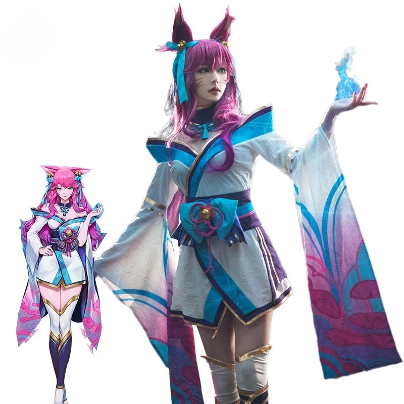 Spirit Blossom Ahri Cosplay Costume Full Set with Wig - LOL Inspired Kimono Outfit-Astricos