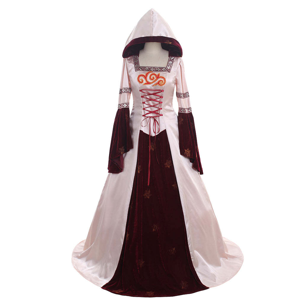 Pink Medieval Ball Gown Cosplay Dress - Long Sleeves Satin/Velvet Hooded Custom Maid Outfit-Astricos