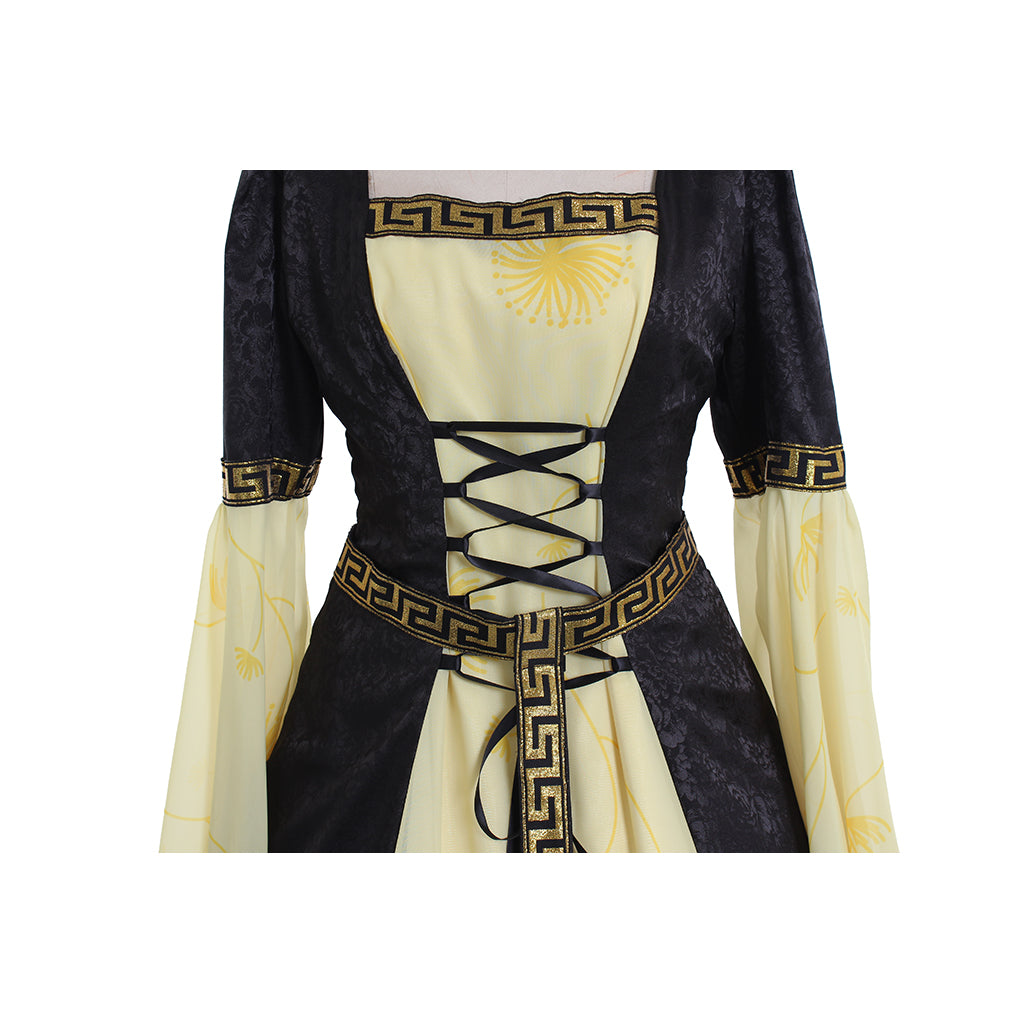 Yellow Black Hooded Medieval Dress with Belt - Women's Vintage Cosplay Costume-Astricos