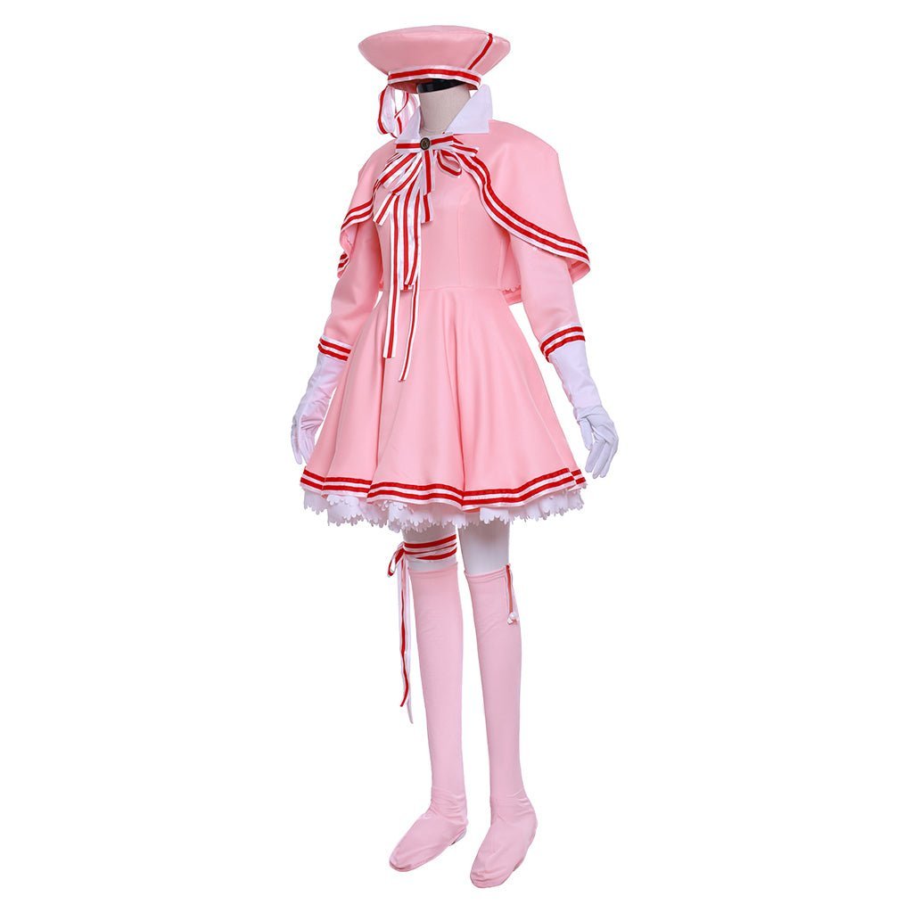Cardcaptor Sakura Cosplay Costume - Pink Long Sleeve Dress with Hat, Shawl, Ribbon & Bow | Astricos-Astricos