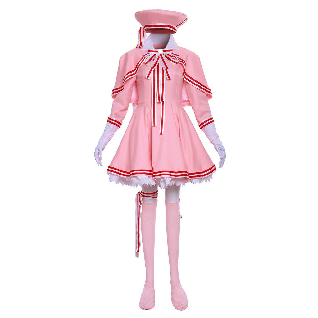 Cardcaptor Sakura Cosplay Costume - Pink Long Sleeve Dress with Hat, Shawl, Ribbon & Bow | Astricos-Astricos