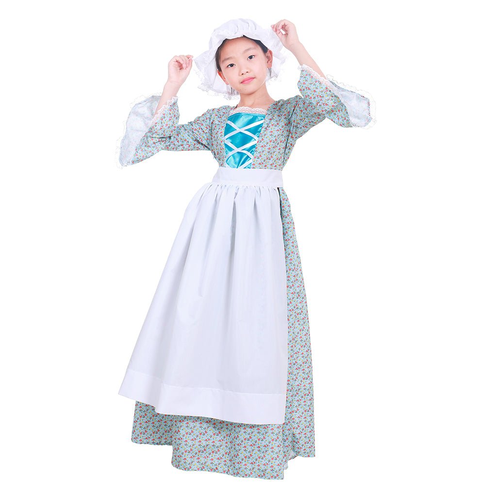 Child Victorian Pioneer Pilgrim Wench Floral Prairie Dress - Kids Colonial Costume-Astricos