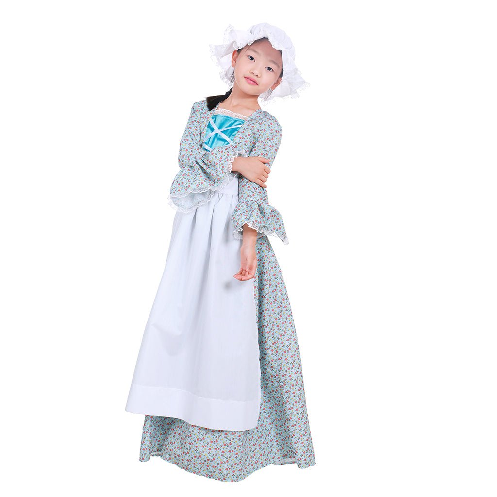Child Victorian Pioneer Pilgrim Wench Floral Prairie Dress - Kids Colonial Costume-Astricos