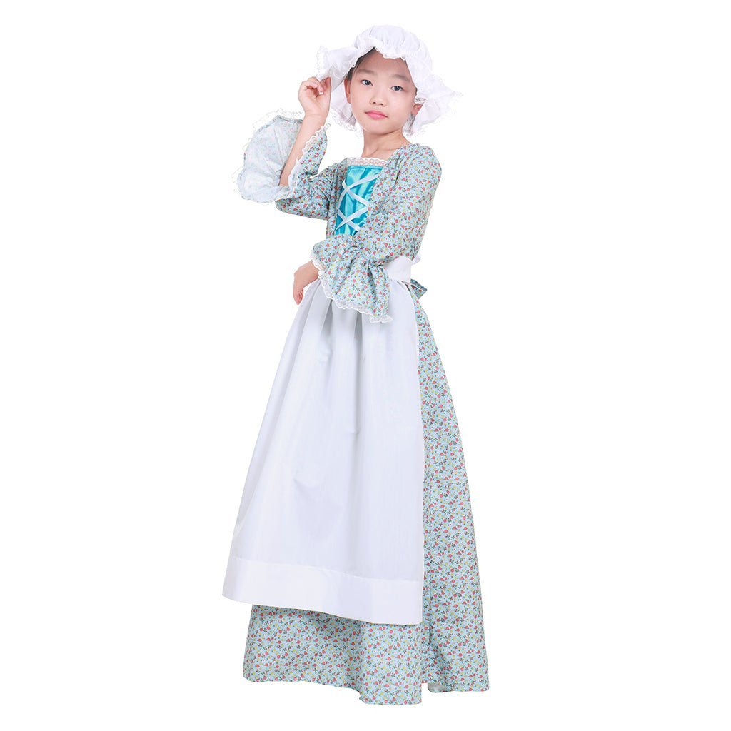 Child Victorian Pioneer Pilgrim Wench Floral Prairie Dress - Kids Colonial Costume-Astricos