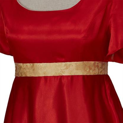 Regency Style Christmas Red Empire Waist Gown with Gold Waistband | Cosplay Costume-Astricos