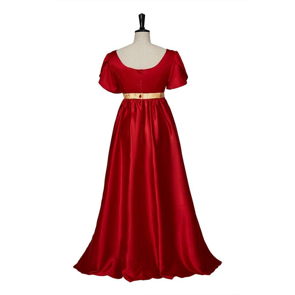 Regency Style Christmas Red Empire Waist Gown with Gold Waistband | Cosplay Costume-Astricos