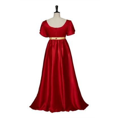 Regency Style Christmas Red Empire Waist Gown with Gold Waistband | Cosplay Costume-Astricos