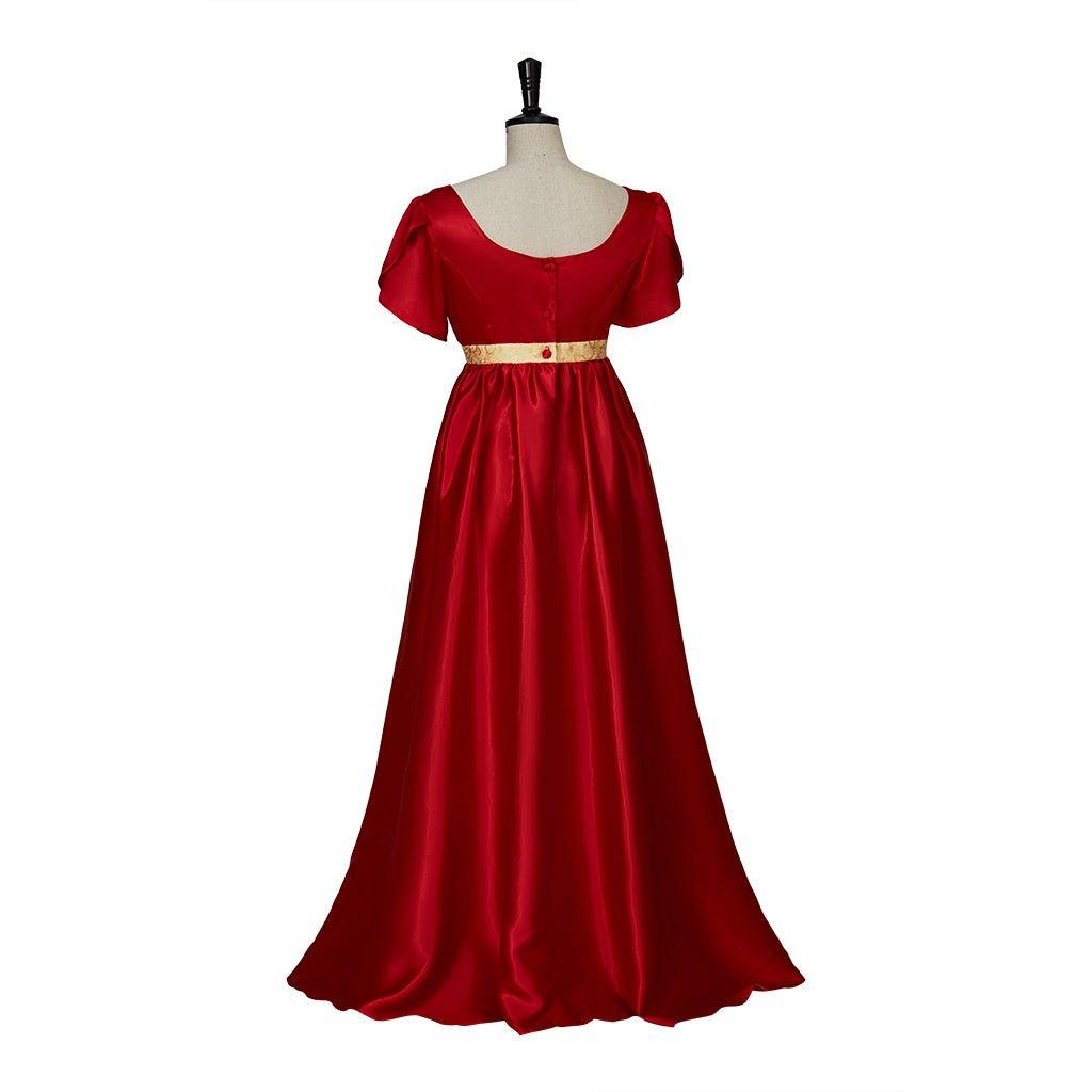 Regency Style Christmas Red Empire Waist Gown with Gold Waistband | Cosplay Costume-Astricos