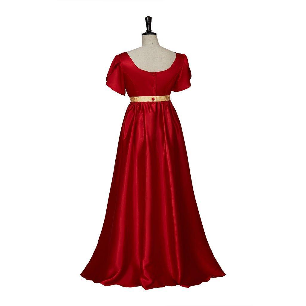 Regency Style Christmas Red Empire Waist Gown with Gold Waistband | Cosplay Costume-Astricos