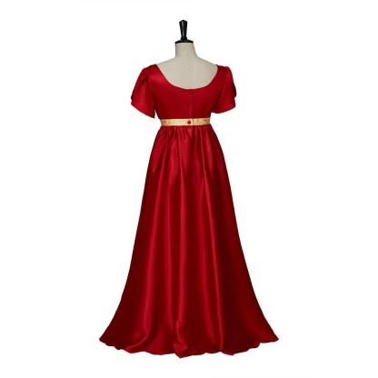 Regency Style Christmas Red Empire Waist Gown with Gold Waistband | Cosplay Costume-Astricos