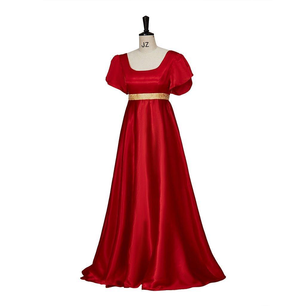 Regency Style Christmas Red Empire Waist Gown with Gold Waistband | Cosplay Costume-Astricos
