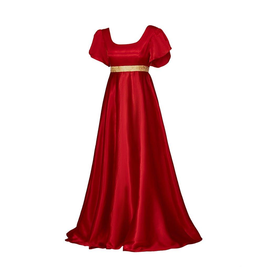 Regency Style Christmas Red Empire Waist Gown with Gold Waistband | Cosplay Costume-Astricos
