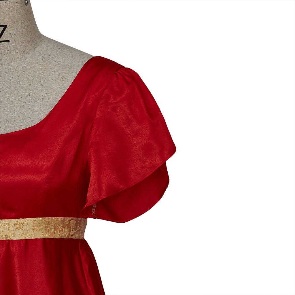 Regency Style Christmas Red Empire Waist Gown with Gold Waistband | Cosplay Costume-Astricos