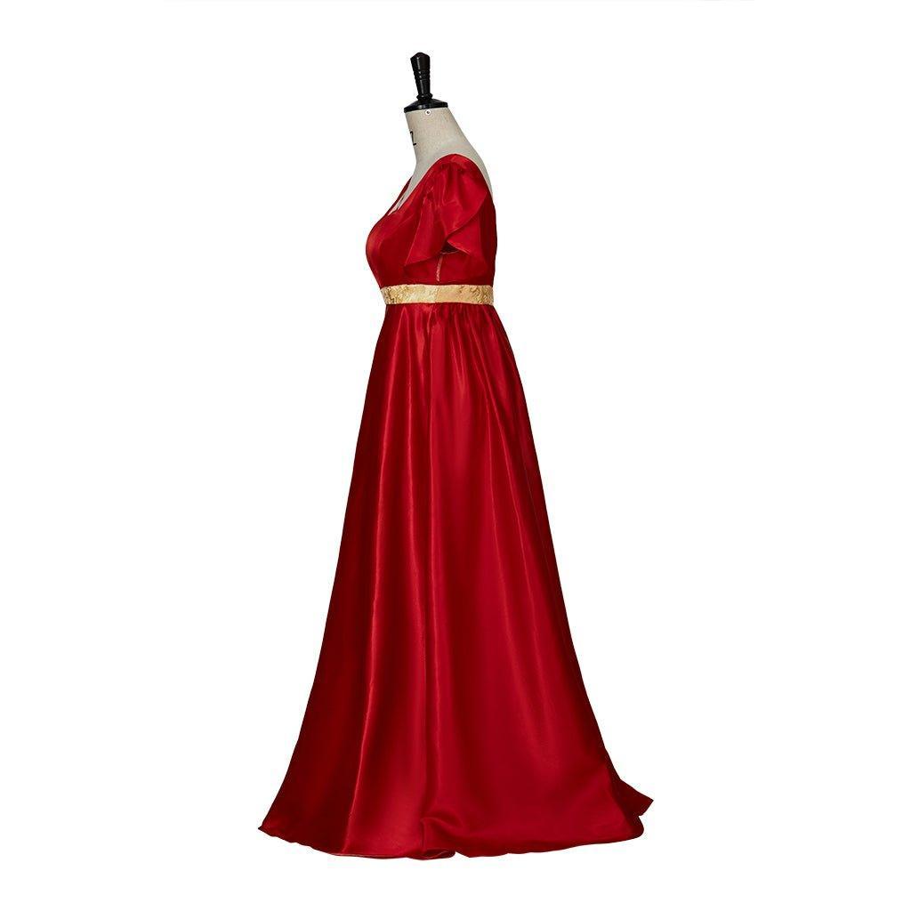Regency Style Christmas Red Empire Waist Gown with Gold Waistband | Cosplay Costume-Astricos