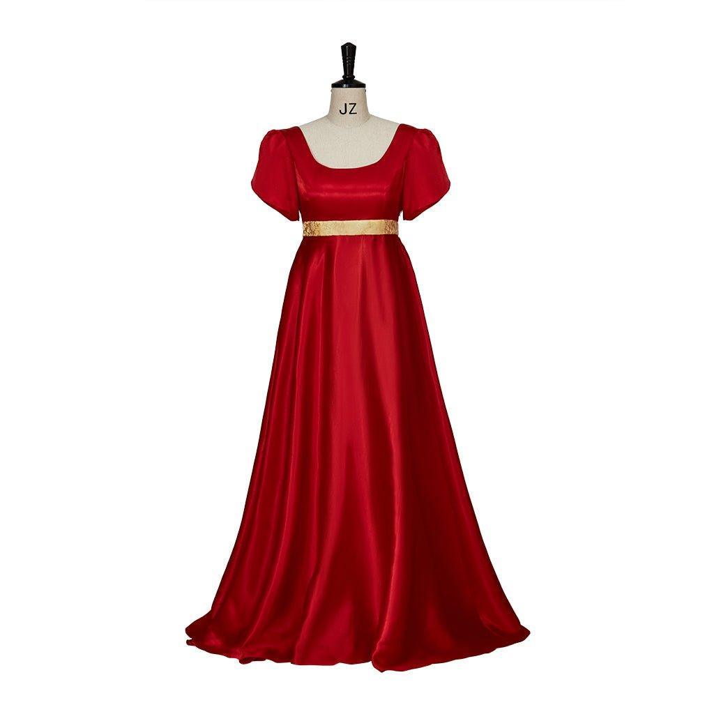 Regency Style Christmas Red Empire Waist Gown with Gold Waistband | Cosplay Costume-Astricos