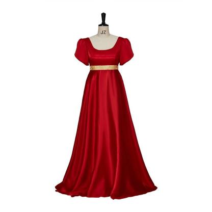 Regency Style Christmas Red Empire Waist Gown with Gold Waistband | Cosplay Costume-Astricos
