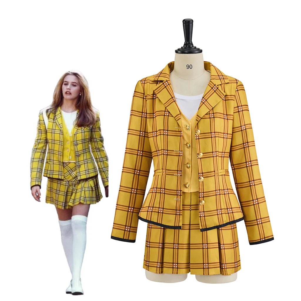 Clueless Cher Horowitz Cosplay Costume School Uniform Yellow Plaid JK Uniform Jacket TShirt Vest Skirt Suit Halloween Outfit - Astricos