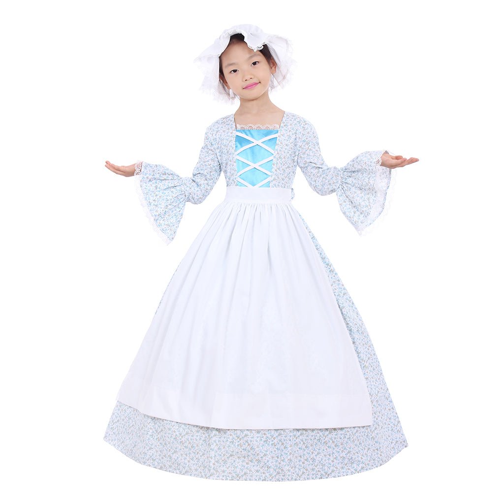 Victorian Medieval Style Colonial Girls Cosplay Costume with Hat & Floral Print for Kids-Astricos