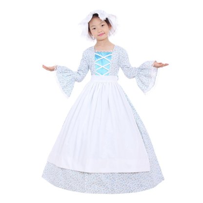Victorian Medieval Style Colonial Girls Cosplay Costume with Hat & Floral Print for Kids-Astricos