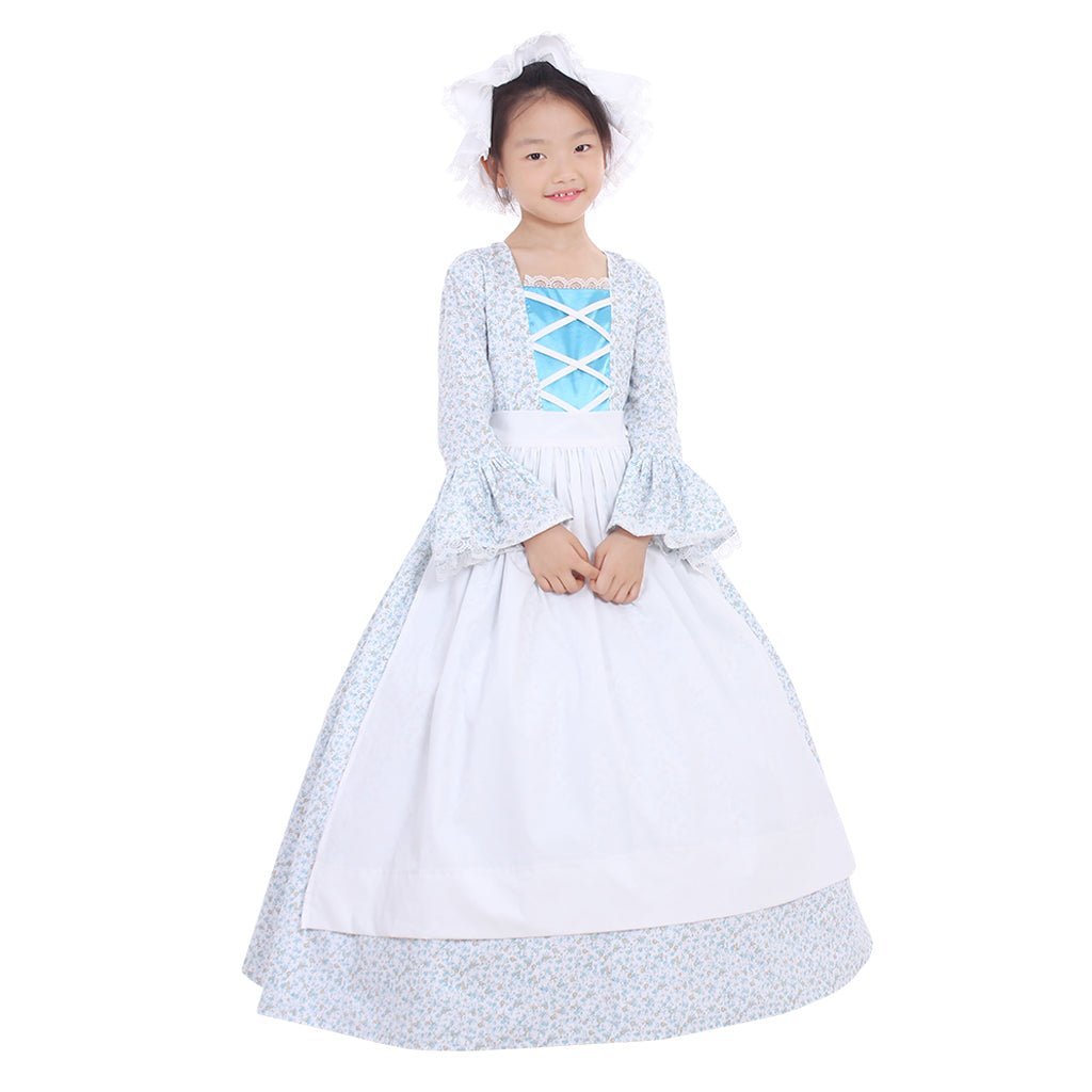 Victorian Medieval Style Colonial Girls Cosplay Costume with Hat & Floral Print for Kids-Astricos