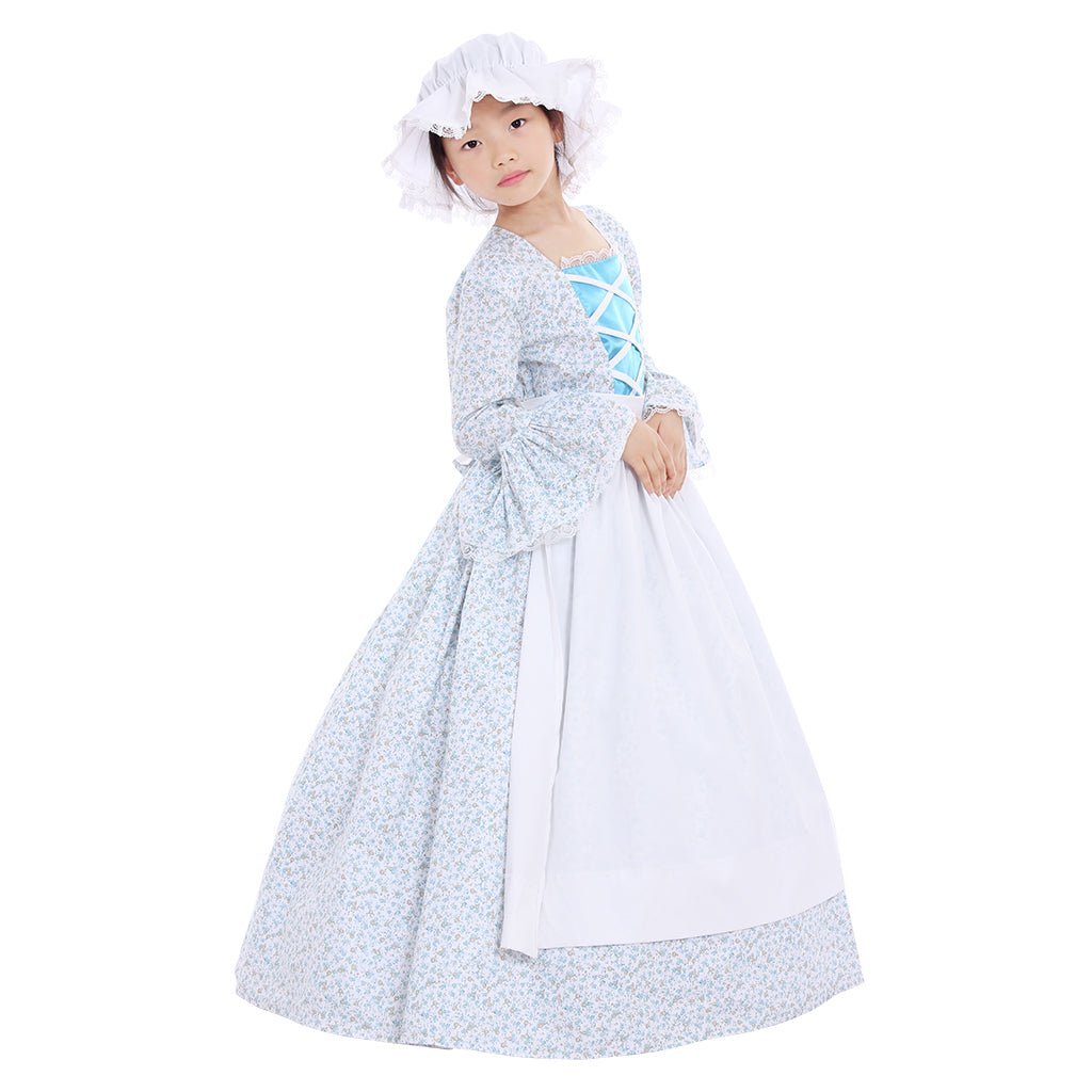 Victorian Medieval Style Colonial Girls Cosplay Costume with Hat & Floral Print for Kids-Astricos