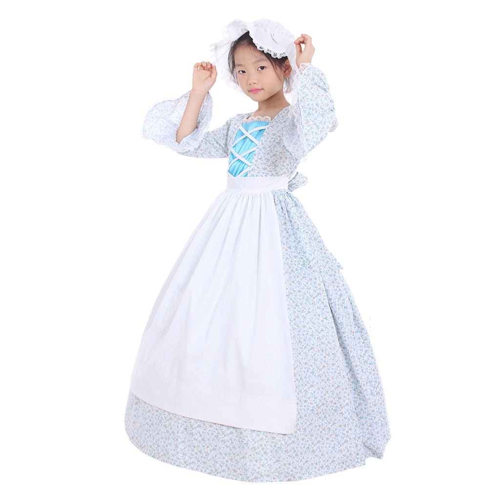 Victorian Medieval Style Colonial Girls Cosplay Costume with Hat & Floral Print for Kids-Astricos