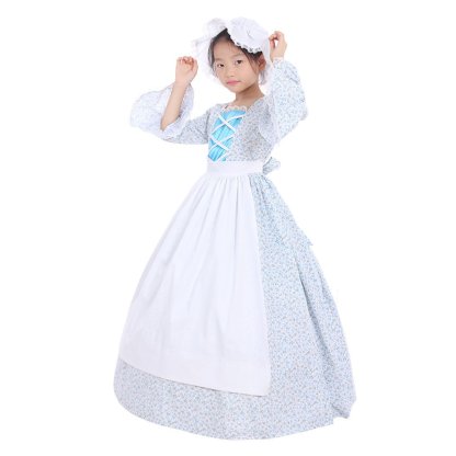 Victorian Medieval Style Colonial Girls Cosplay Costume with Hat & Floral Print for Kids-Astricos