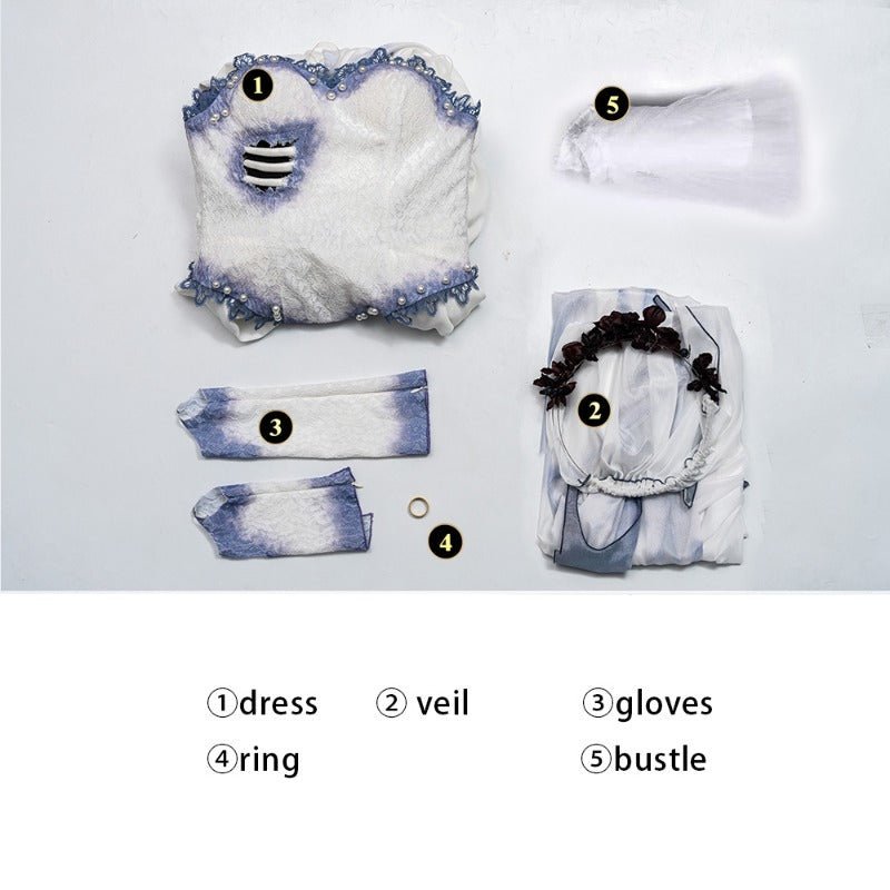Emily Corpse Bride Cosplay Costume & Gothic Zombie Ghost Halloween Wig Outfit-Astricos
